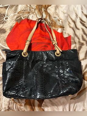 Black Faux-Snake Tote with Tan Handles
